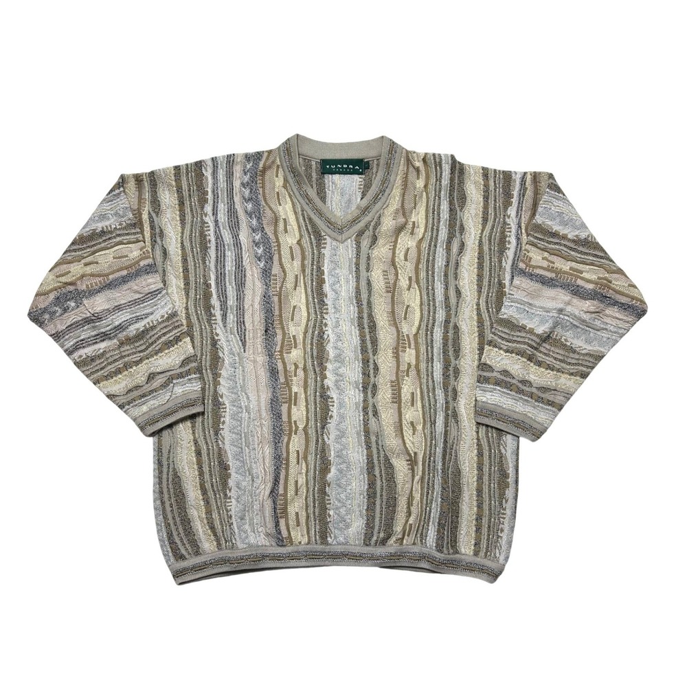 Tundra Sweater Mens L Tan Brown 3D Knit V-Neck Abstract Coogi Style Vintage 90s